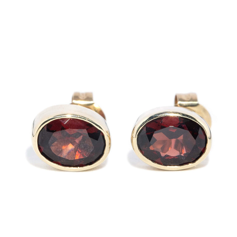Vintage Circa 1950s Oval Garnet Stud Earrings 9 Carat Gold
