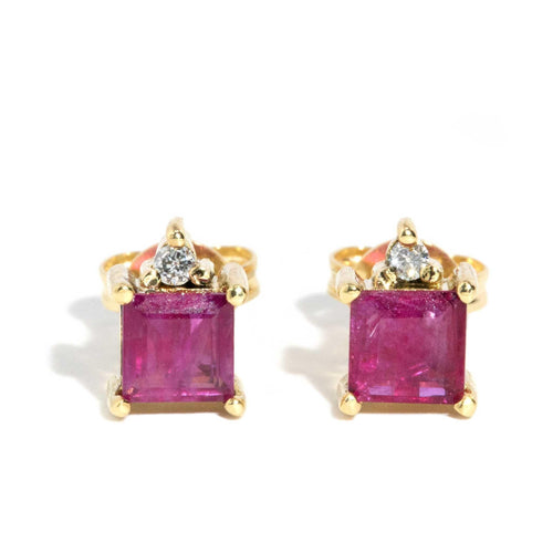 Valdis Square Cut Ruby & Diamond Studs 18K Yellow Gold