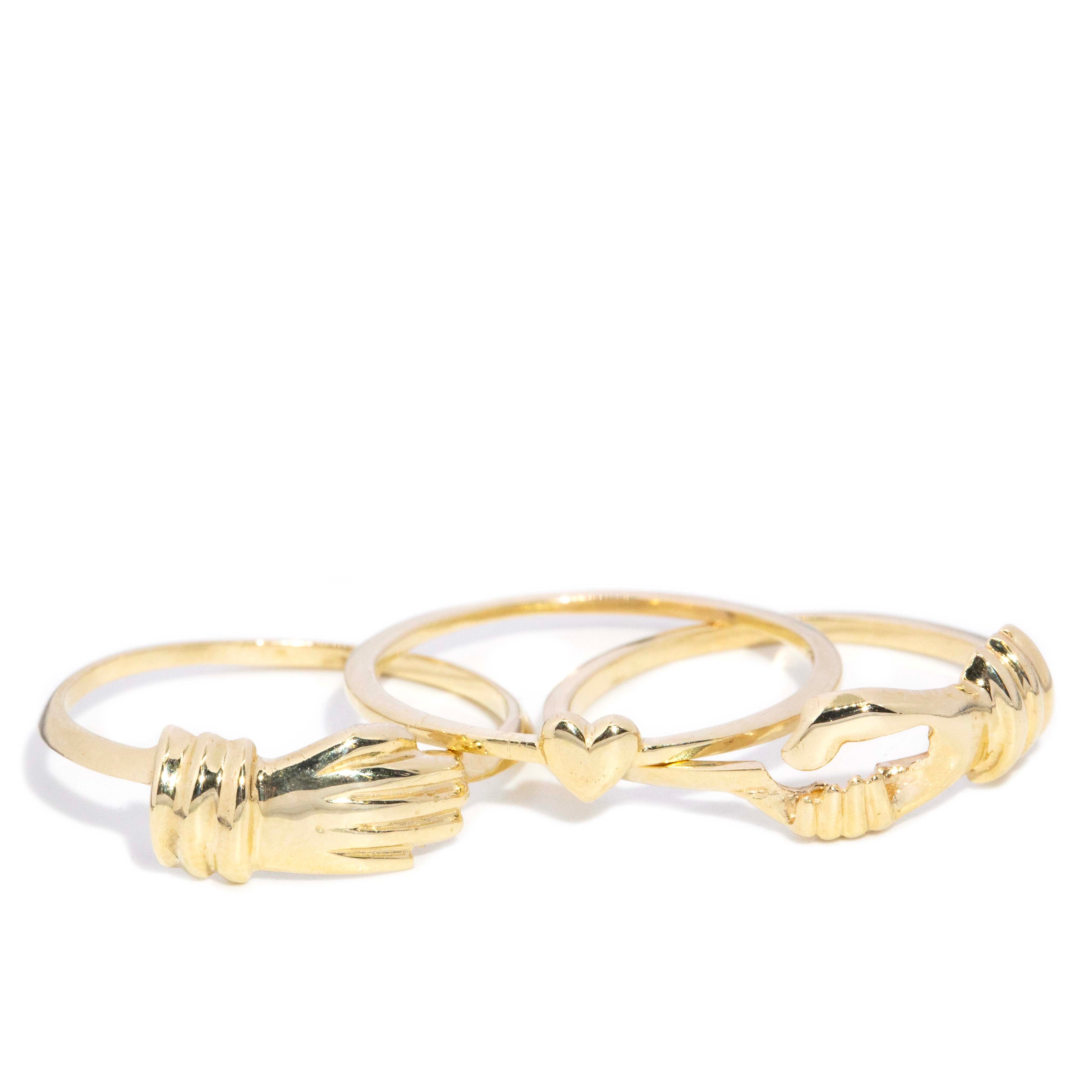 Valentin 1980s Fede Three Part Heart Ring 9ct Gold Rings Imperial Jewellery 