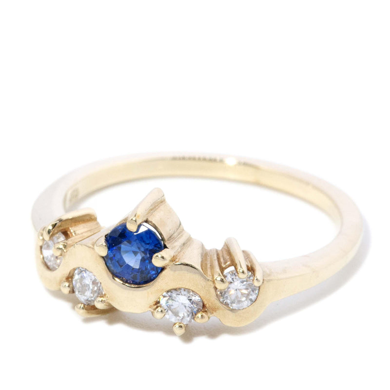 Contemporary Sapphire & Diamond Ripple Ring 9 Carat Yellow Gold