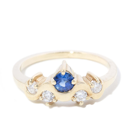 Vani Blue Sapphire & Diamond Ripple Ring 9K Yellow Gold