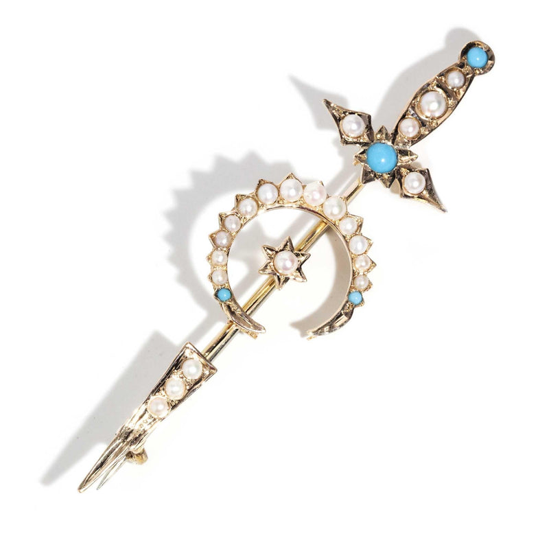 Antique Victorian Turquoise & Seed Pearl Brooch 9 Carat Gold