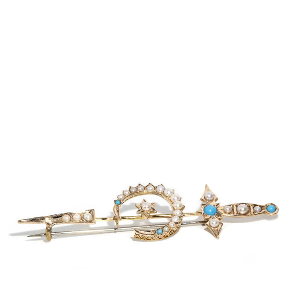 Antique Victorian Turquoise & Seed Pearl Brooch 9 Carat Gold