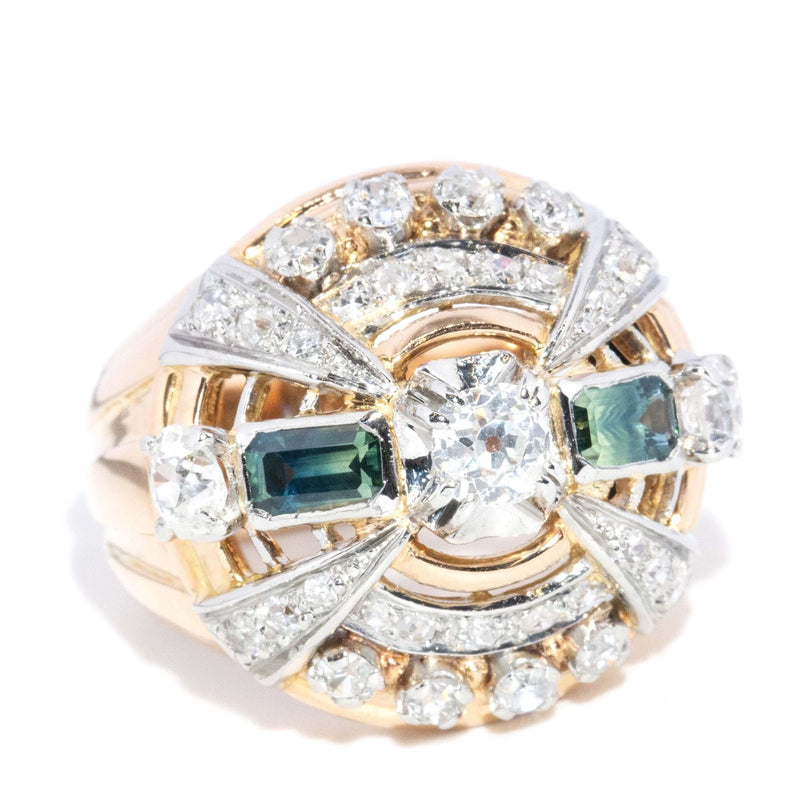 Vintage Art Deco Retro Parti Sapphire Diamond Ring 18 Carat Gold