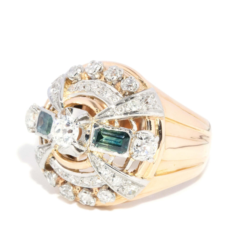 Vintage Art Deco Retro Parti Sapphire Diamond Ring 18 Carat Gold