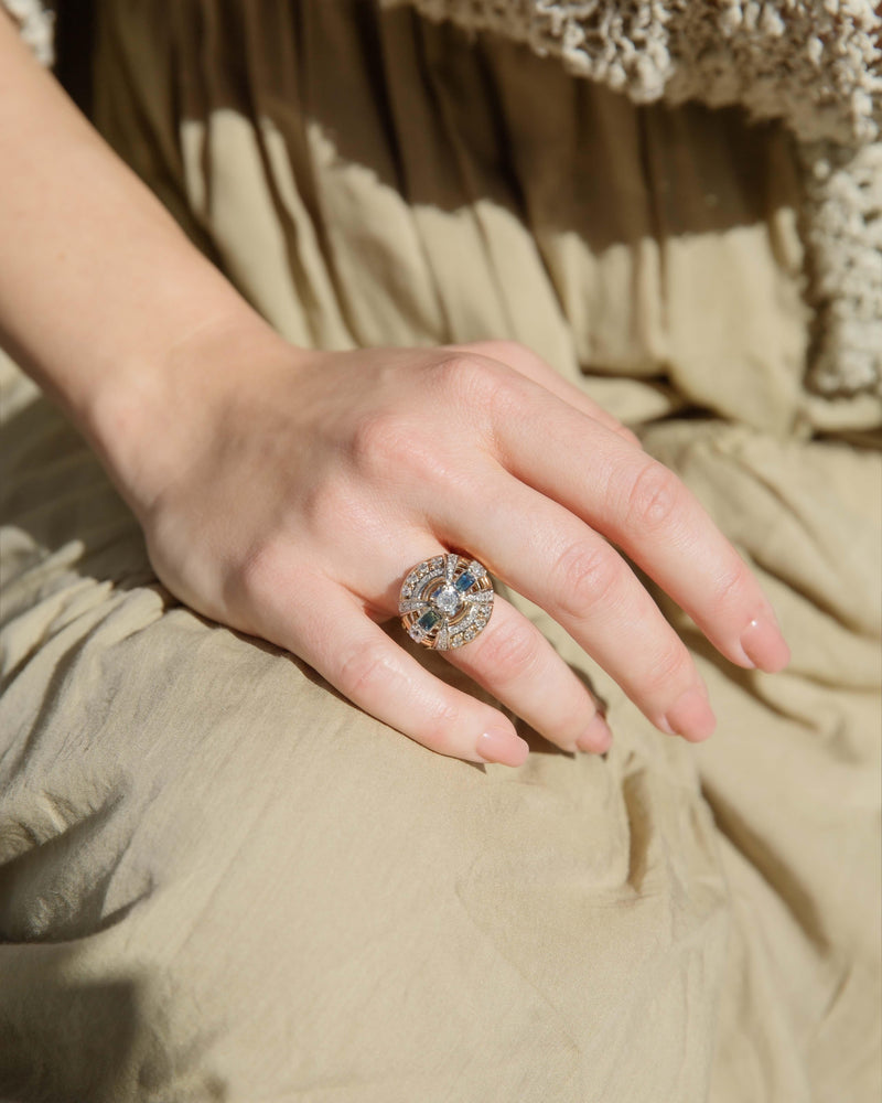 Vintage Art Deco Retro Parti Sapphire Diamond Ring 18 Carat Gold