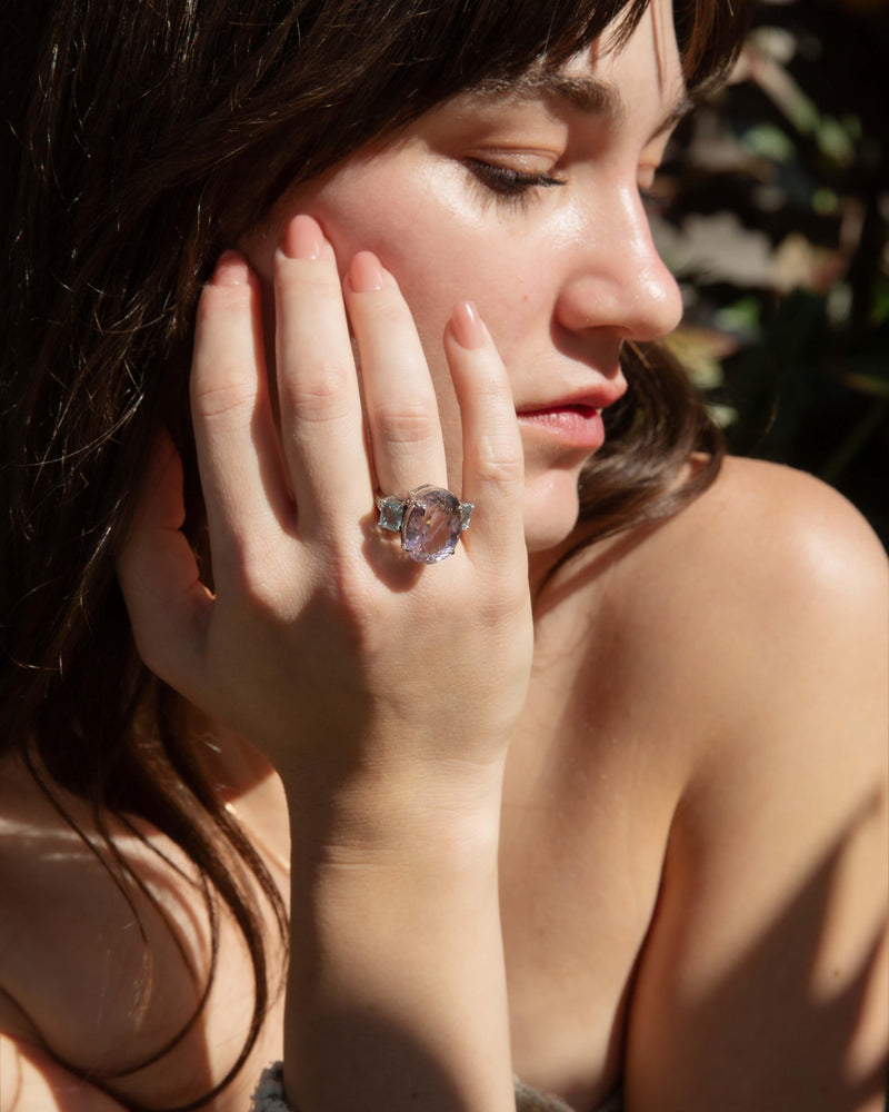 Contemporary Kunzite & Aquamarine Cocktail Ring 18 Carat White Gold