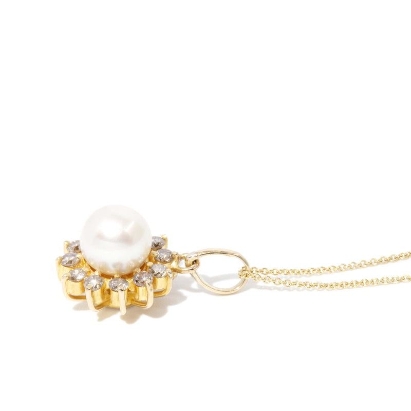 Vintage Circa 1980s Pearl & Diamond Starburst Pendant 18ct Gold