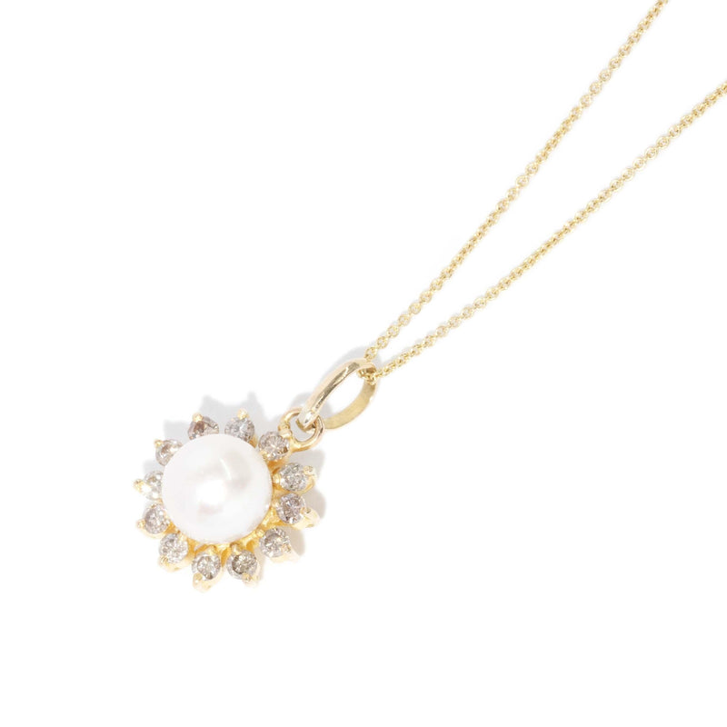 Vintage Circa 1980s Pearl & Diamond Starburst Pendant 18ct Gold