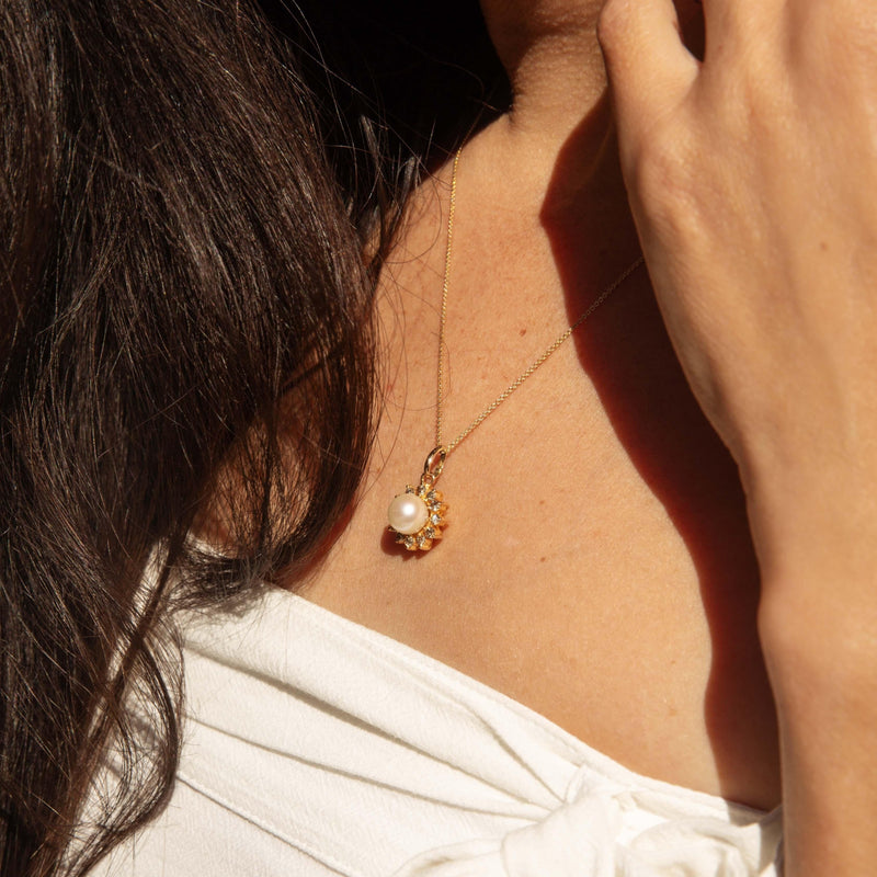Vintage Circa 1980s Pearl & Diamond Starburst Pendant 18ct Gold