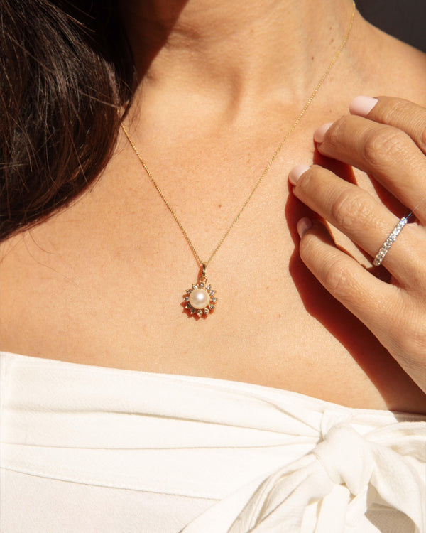 Vintage Circa 1980s Pearl & Diamond Starburst Pendant 18ct Gold