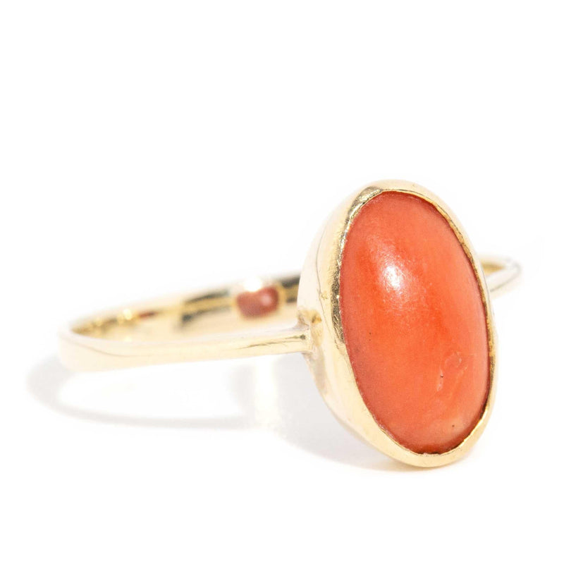 Marjani 1950s Coral Cabochon Ring 9ct Yellow Gold