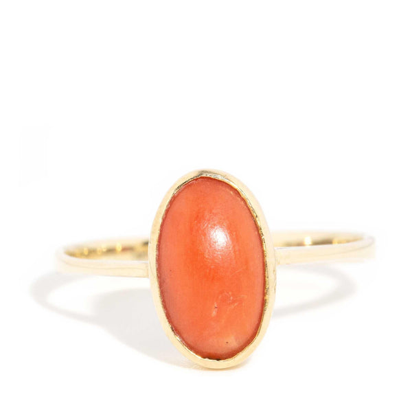 Marjani 1950s Coral Cabochon Ring 9ct Yellow Gold