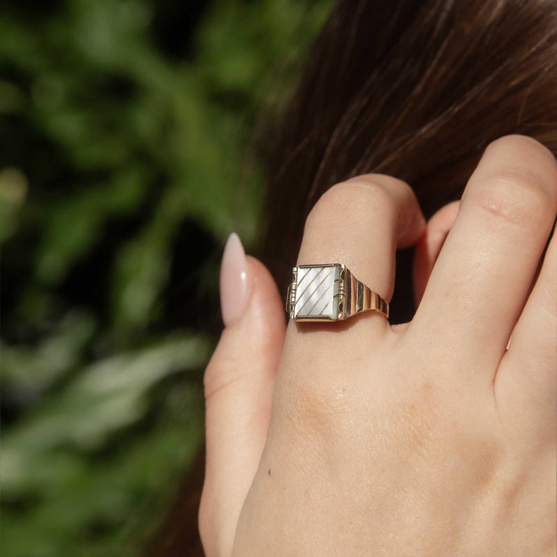 Jake 1970s Mother of Pearl Signet Ring 9ct Gold