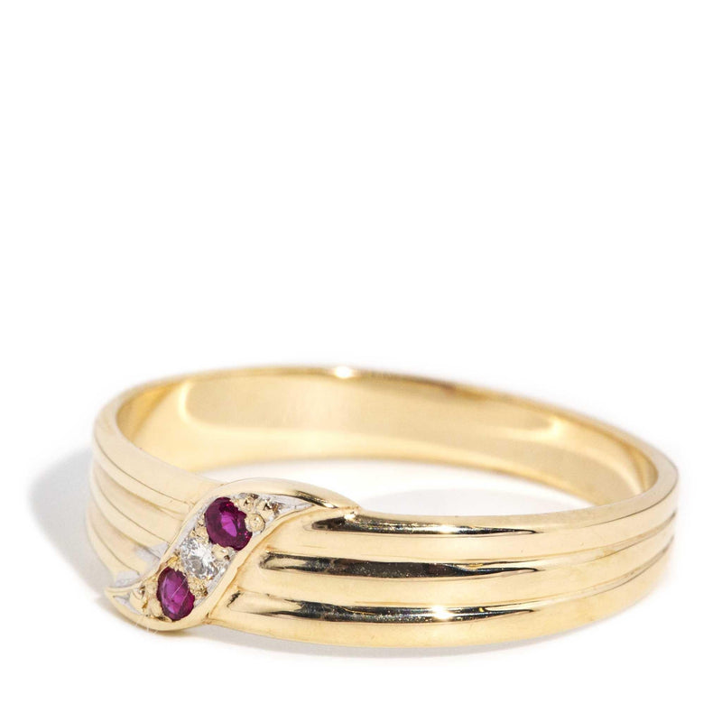 Min 1970s Ruby & Diamond Grooved Band 9ct Gold