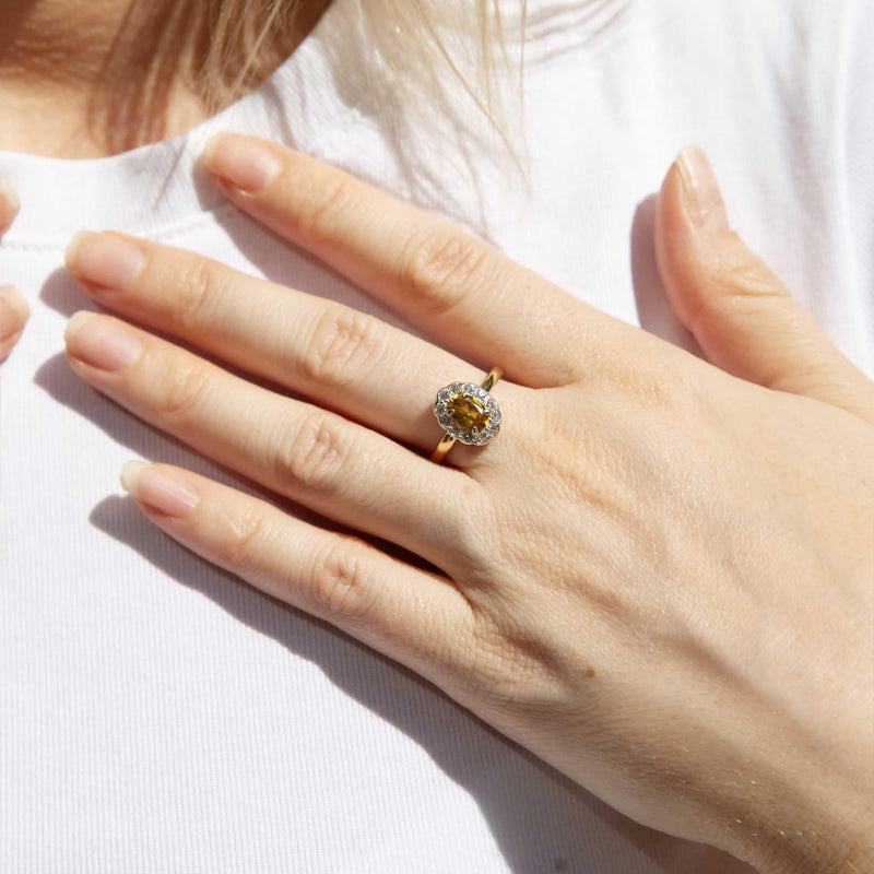 Sally 1970s Yellow Sapphire & Diamond Halo Ring 18ct Gold
