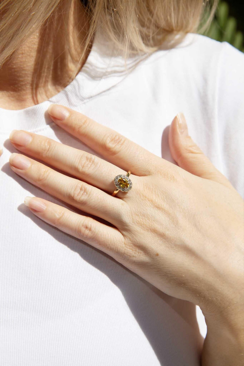 Sally 1970s Yellow Sapphire & Diamond Halo Ring 18ct Gold