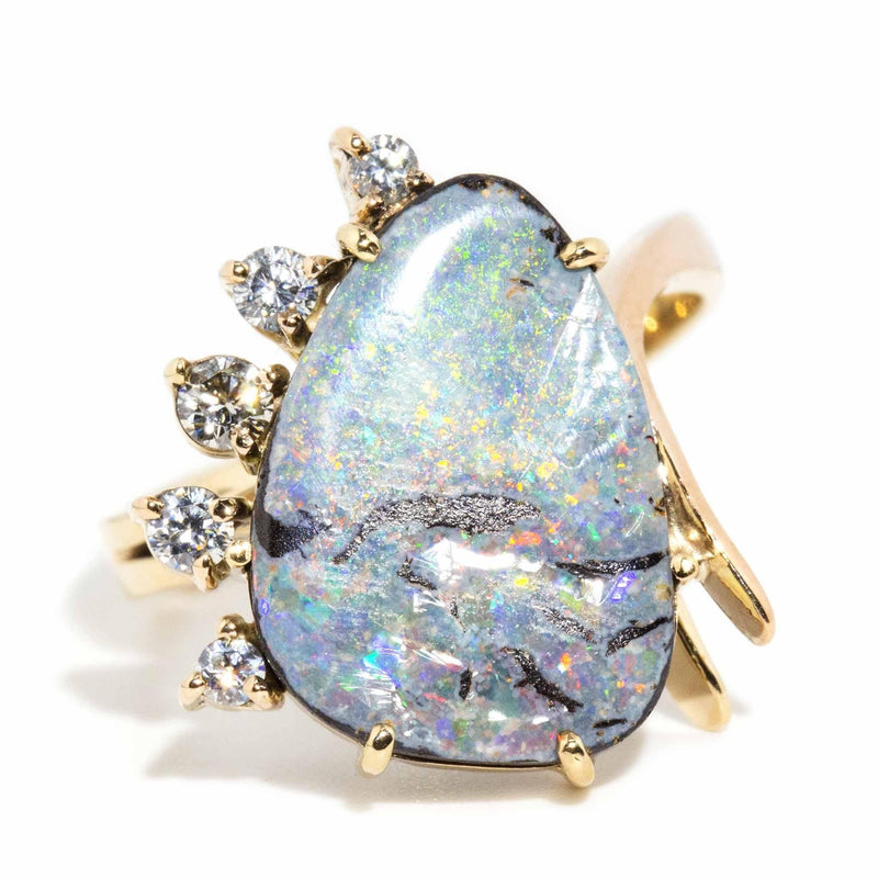 Serene 1980s Boulder Opal & Diamond Ring 9ct Gold