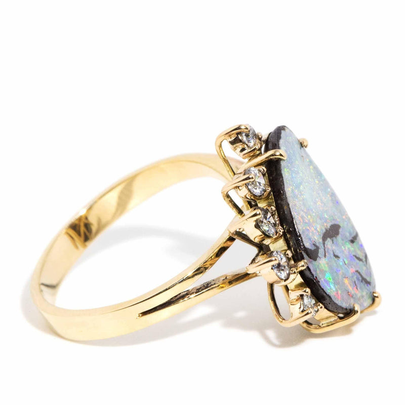 Serene 1980s Boulder Opal & Diamond Ring 9ct Gold