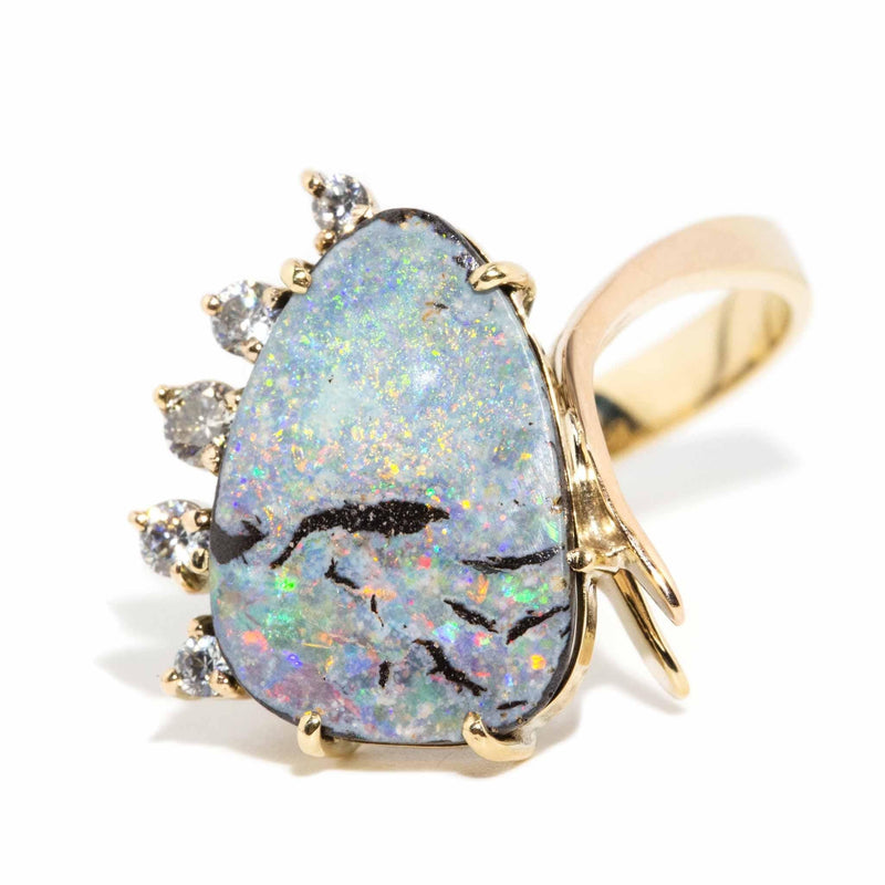 Serene 1980s Boulder Opal & Diamond Ring 9ct Gold