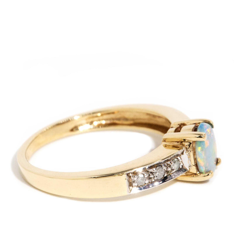 Amina 1980s Solid Opal Diamond Ring 9ct Gold