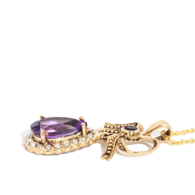 Madison 1990s Amethyst Seed Pearl Pendant 9ct Gold
