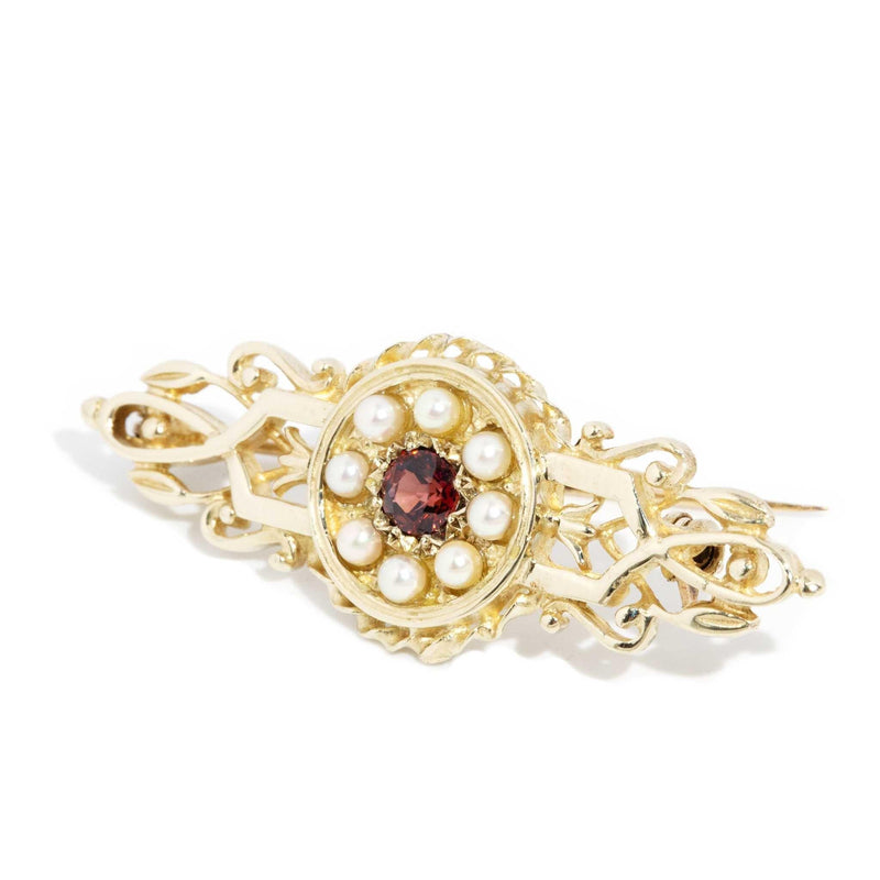 Morgana 1990s Garnet & Seed Pearl Brooch 9ct Gold