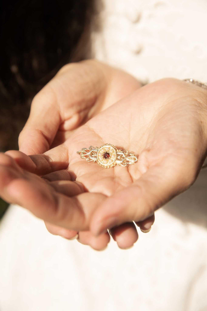 Morgana 1990s Garnet & Seed Pearl Brooch 9ct Gold