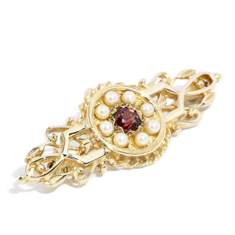 Morgana 1990s Garnet & Seed Pearl Brooch 9ct Gold