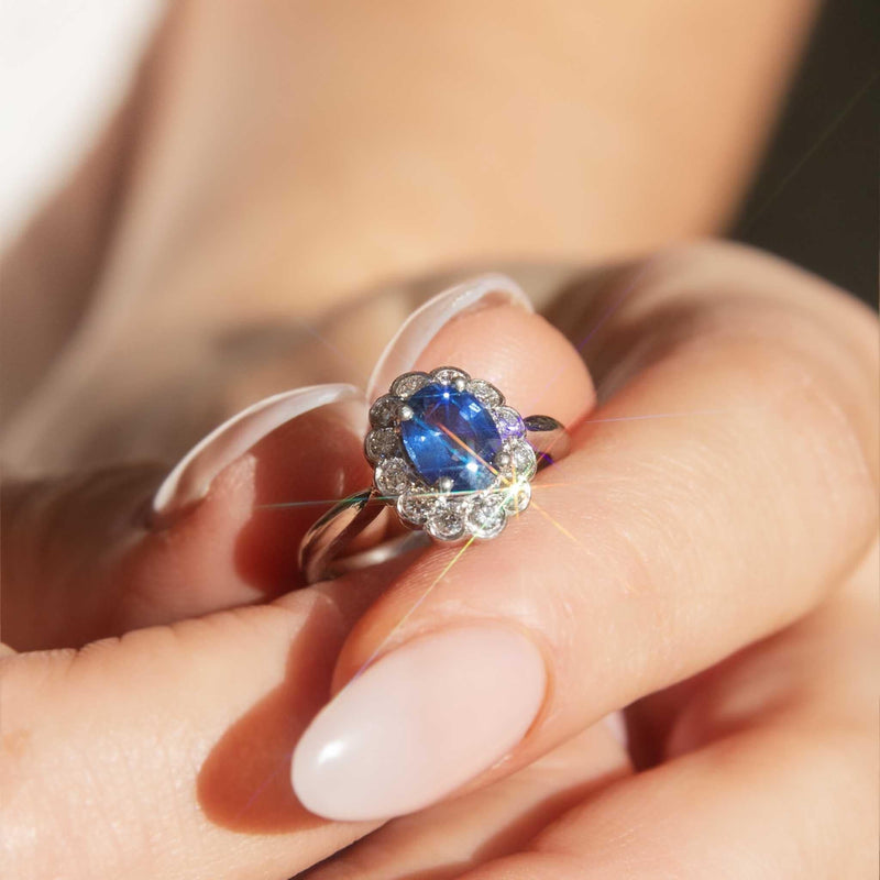 Delaney 1990s Sapphire & Diamond Halo Ring 18ct White Gold