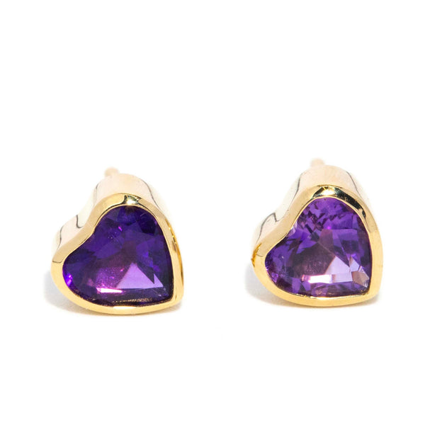 Violet 1980s Amethyst Heart Studs 9ct Yellow Gold Earrings Imperial Jewellery 