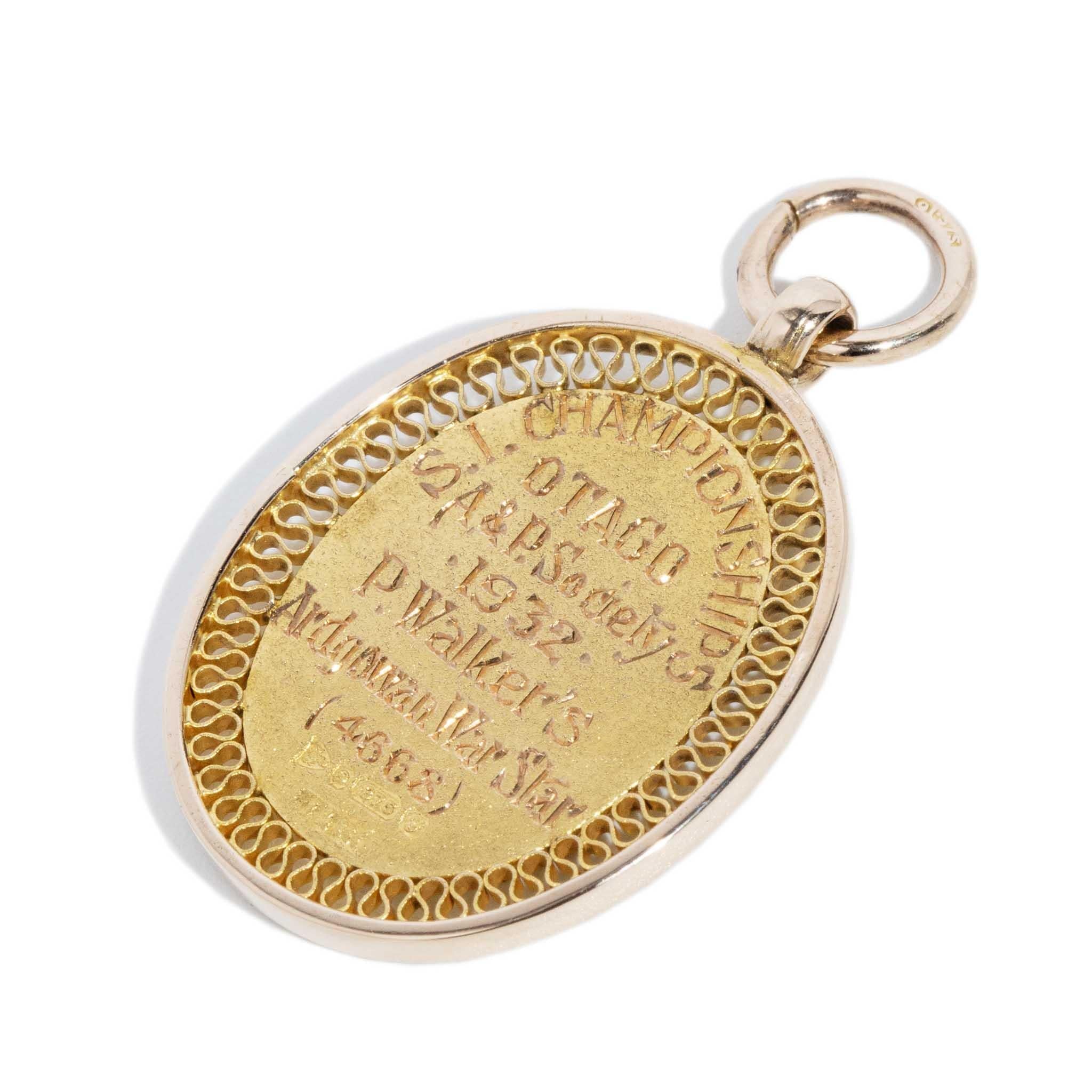 Vintage 1932 Oval Shield Award Pendant 9 Carat Yellow Gold
