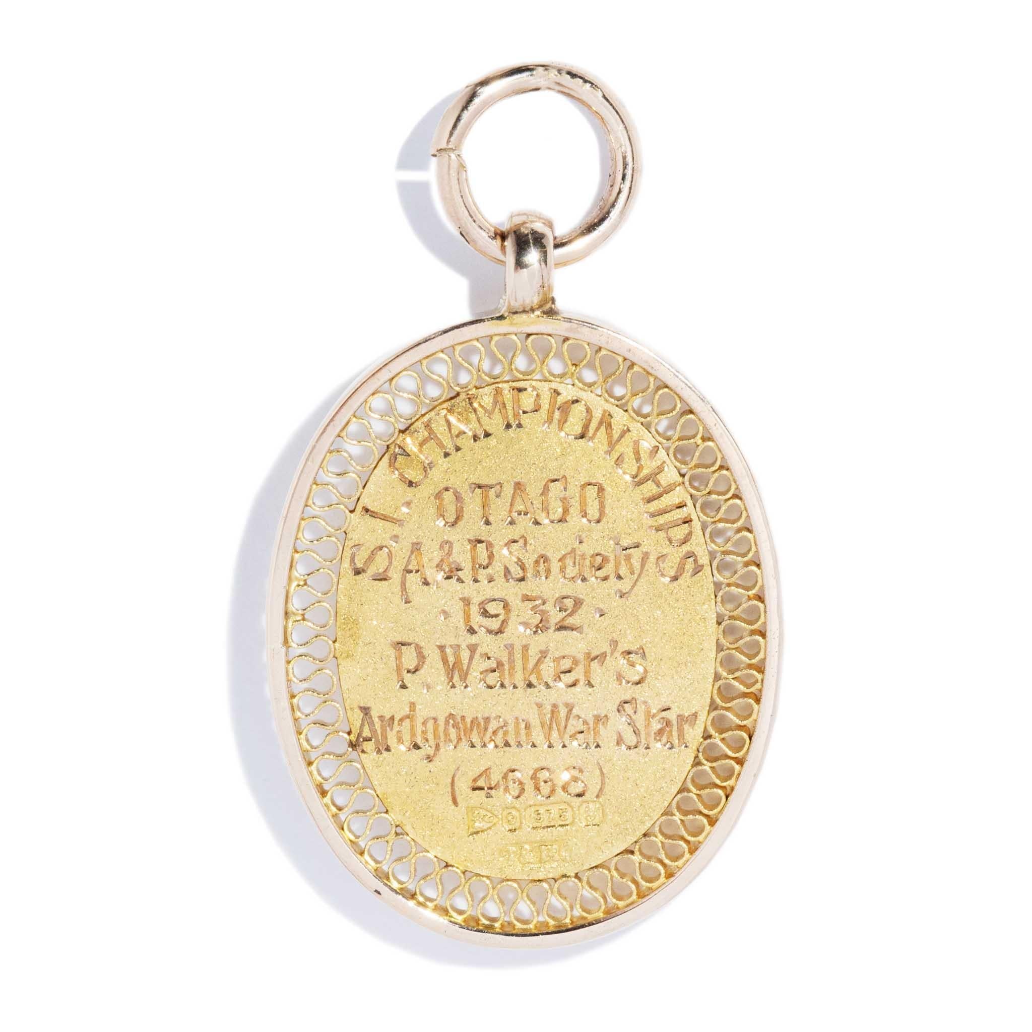 Vintage 1932 Oval Shield Award Pendant 9 Carat Yellow Gold