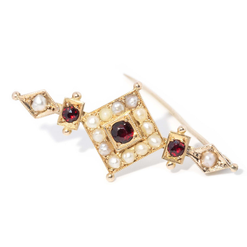 Antique 1910s Garnet & Seed Pearl Brooch 15 Carat Gold