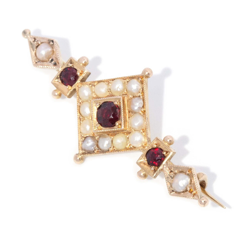 Antique 1910s Garnet & Seed Pearl Brooch 15 Carat Gold