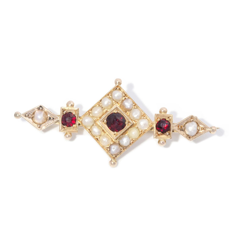 Antique 1910s Garnet & Seed Pearl Brooch 15 Carat Gold