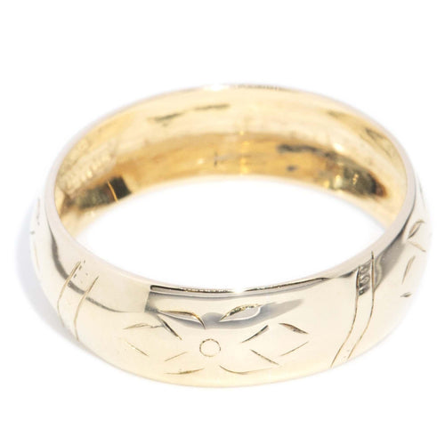 Willa Hand Engraved Flower Wedding Band 9K Yellow Gold