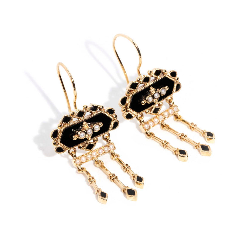 Winifred Black Onyx & Seed Pearl Drop Style 9ct Gold Earrings Earrings Imperial Jewellery 