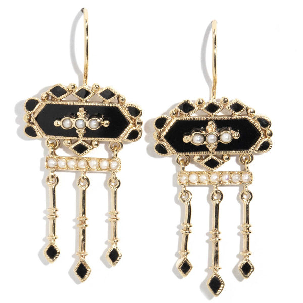 Winifred Black Onyx & Seed Pearl Drop Style 9ct Gold Earrings Earrings Imperial Jewellery 