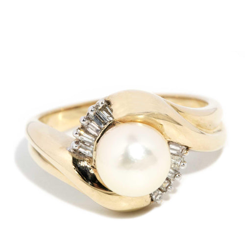 Xanthe Pearl & Baguette Diamond Bypass Ring 9K Yellow Gold