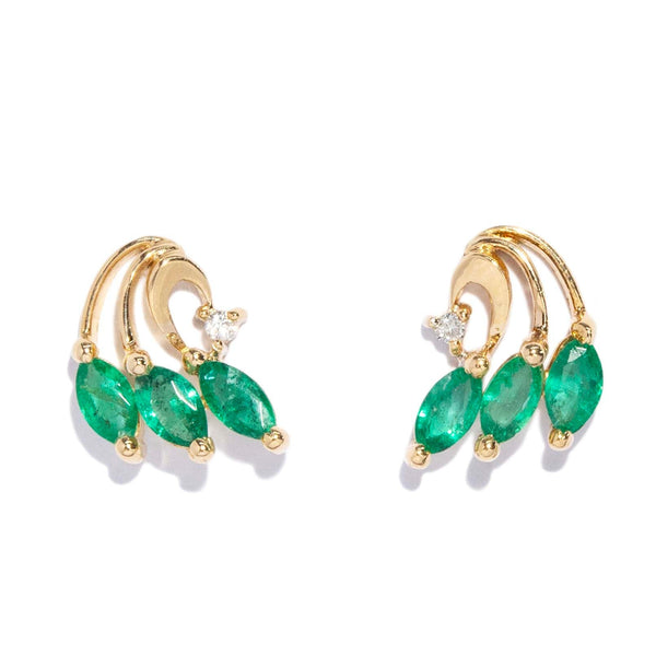 Xenia 1980s Emerald & Diamond Plume Studs 14ct Gold Earrings Imperial Jewellery 