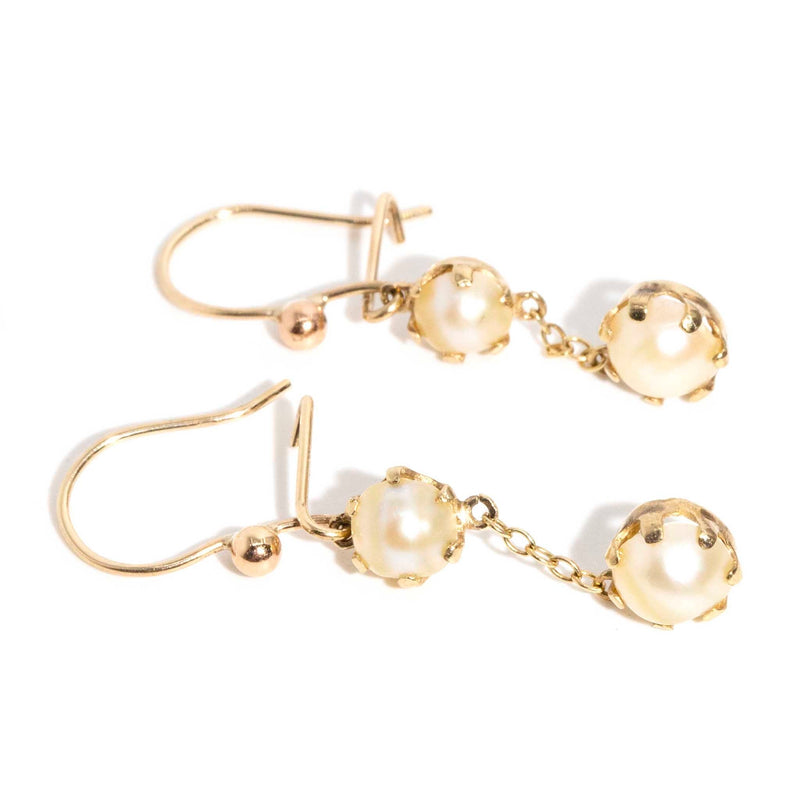 Yuffie 1970s Pearl Continental Hook Drop Earrings 9ct Gold* DRAFT Earrings Imperial Jewellery 