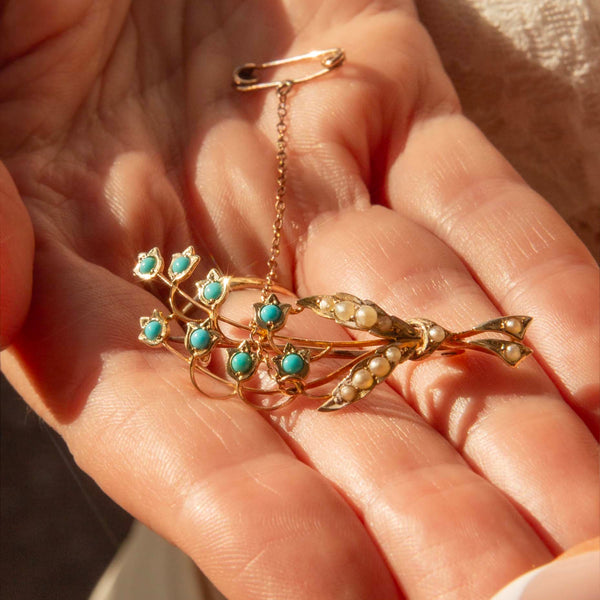 Zahara Turquoise & Pearl Bouquet Brooch 15K Yellow Gold Brooches Imperial Jewellery 