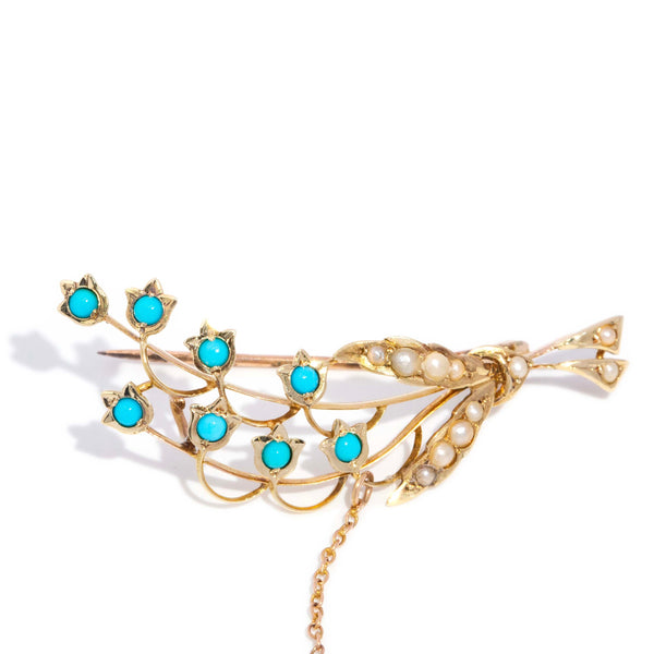 Zahara Turquoise & Pearl Bouquet Brooch 15K Yellow Gold Brooches Imperial Jewellery 