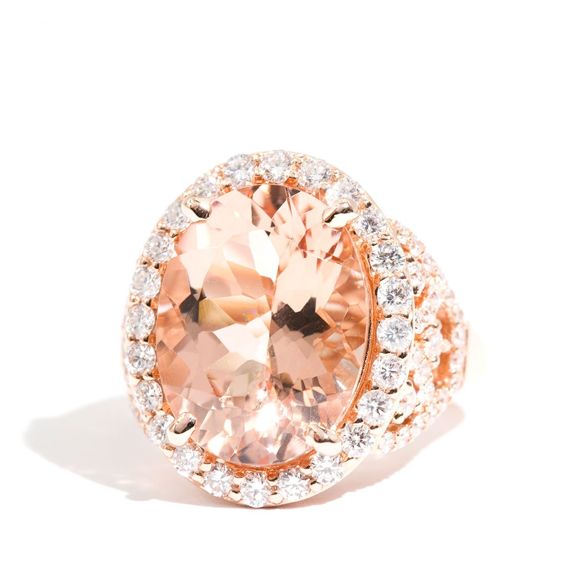 Adriana 18 Carat Rose Gold Morganite and Diamond Halo Ring Rings Imperial Jewellery - Auctions, Antique, Vintage & Estate