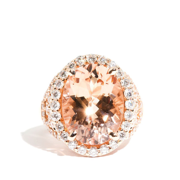 Adriana 18 Carat Rose Gold Morganite and Diamond Halo Ring Rings Imperial Jewellery - Auctions, Antique, Vintage & Estate