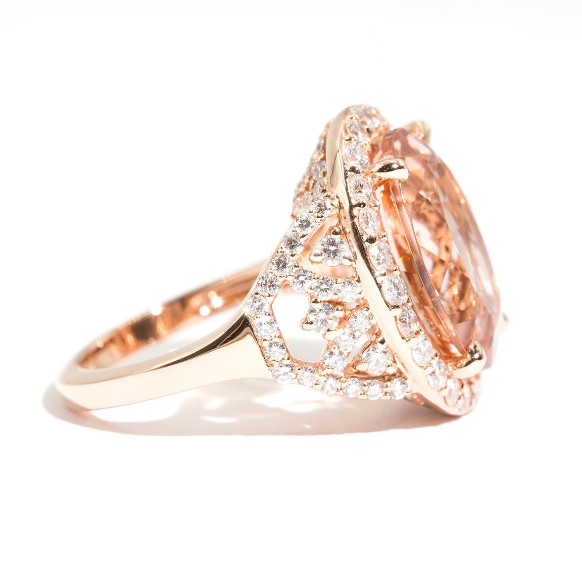 Adriana 18 Carat Rose Gold Morganite and Diamond Halo Ring Rings Imperial Jewellery - Auctions, Antique, Vintage & Estate