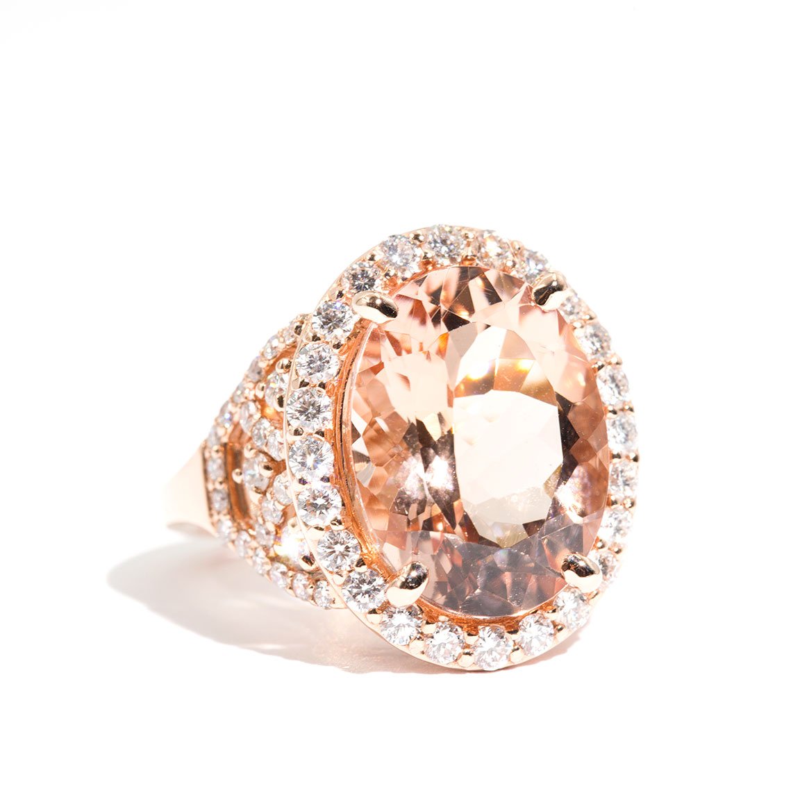 Adriana 18 Carat Rose Gold Morganite and Diamond Halo Ring Rings Imperial Jewellery - Auctions, Antique, Vintage & Estate