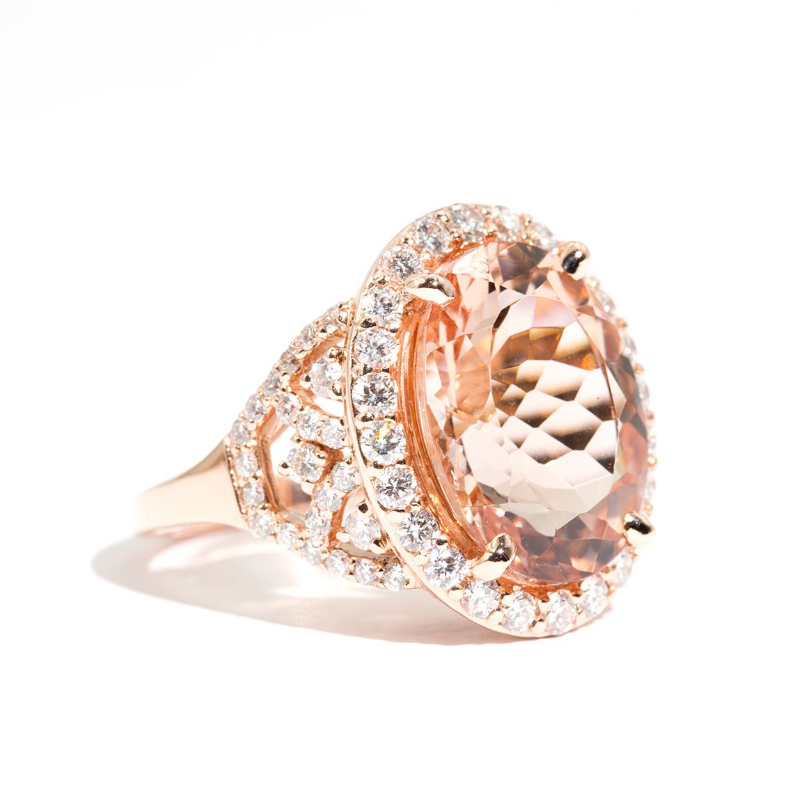 Adriana 18 Carat Rose Gold Morganite and Diamond Halo Ring Rings Imperial Jewellery - Auctions, Antique, Vintage & Estate