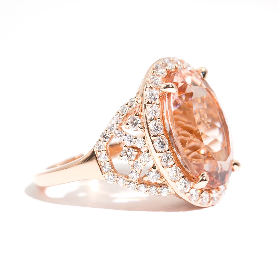 Adriana 18 Carat Rose Gold Morganite and Diamond Halo Ring Rings Imperial Jewellery - Auctions, Antique, Vintage & Estate